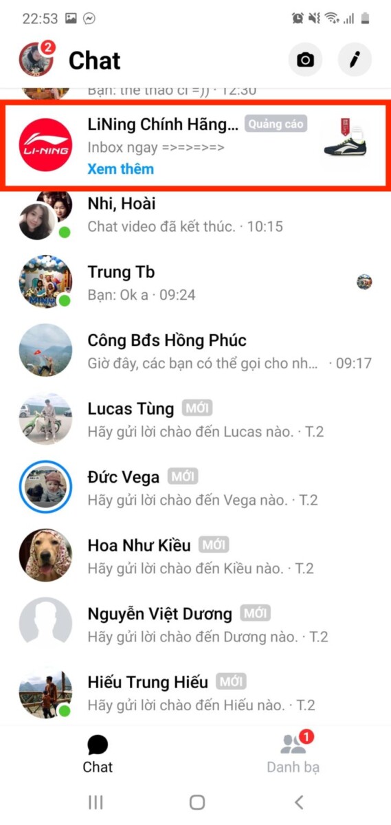 hiển thị quảng cáo trên hhopj thư messenger