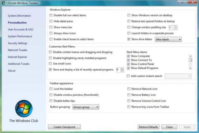 Ultimate Windows Tweaker có hơn 200 điều chỉnh khác nhau